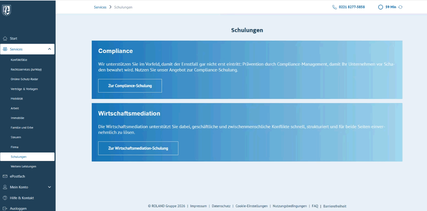 Das Bild zeigt eine Seite im Service-Portal, über die sich die Gewerbekunden zu den Schulungen anmelden können.